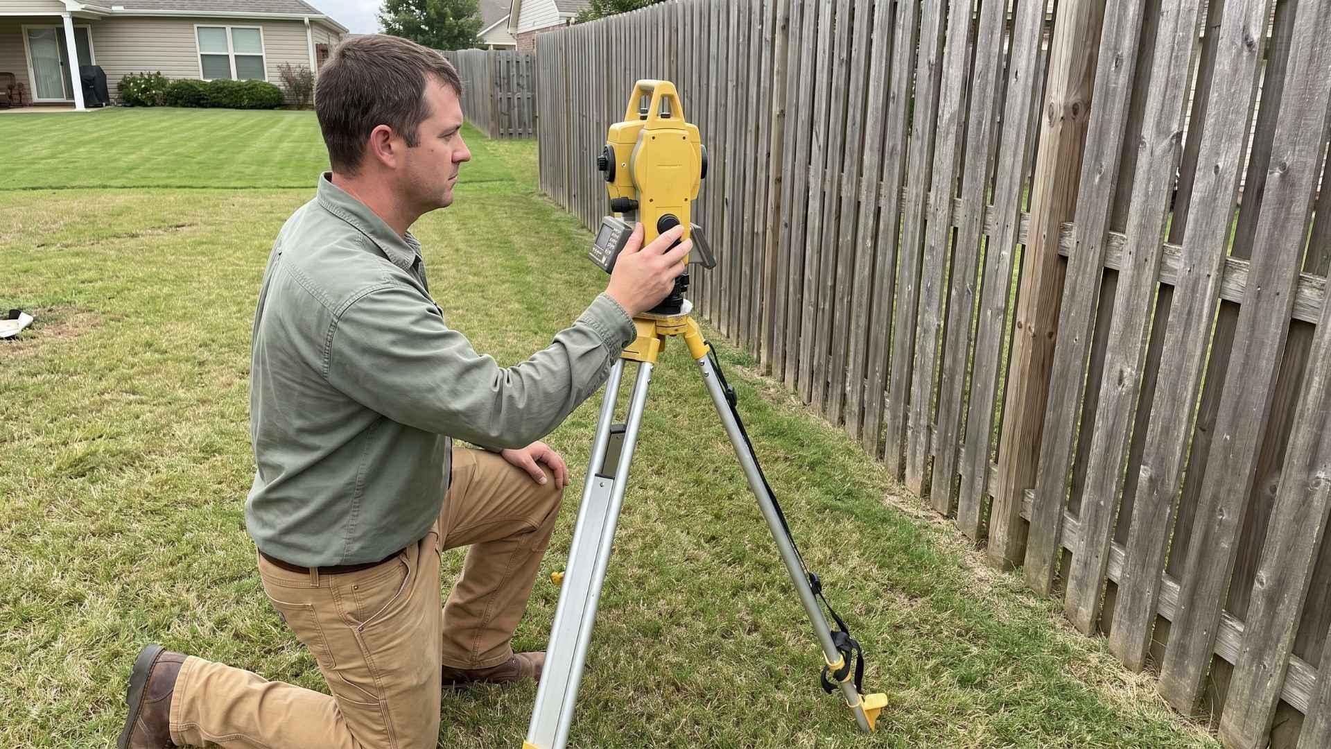 Surveyor adjusting a total station on a tripod near a backyard fence line