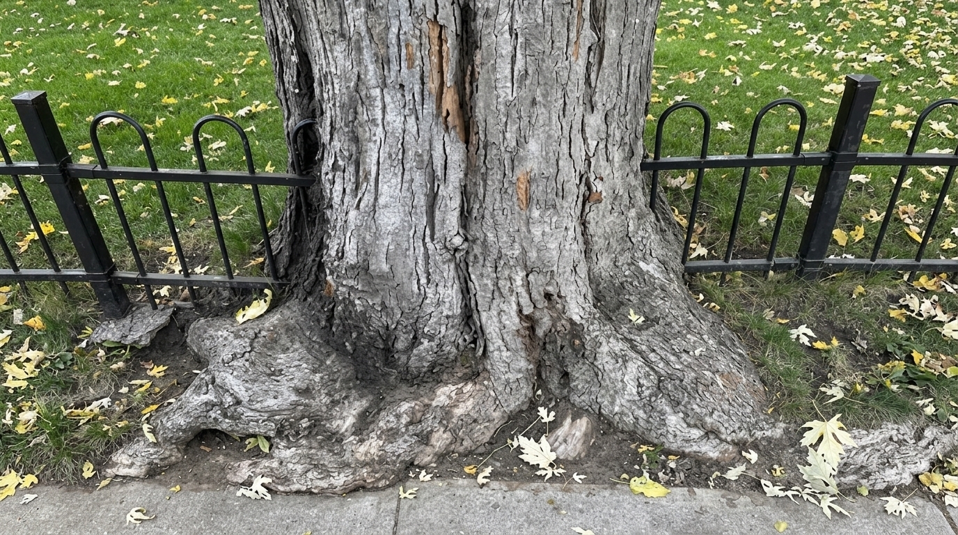 Wide tree trunk and roots grow around a black metal fence beside a sidewalk.