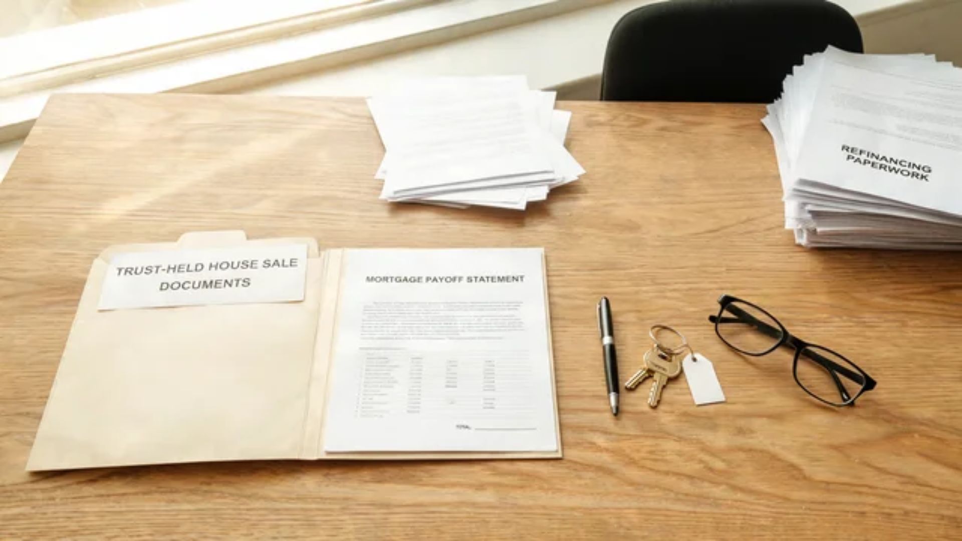 House sale, mortgage payoff, and refinancing documents beside house keys