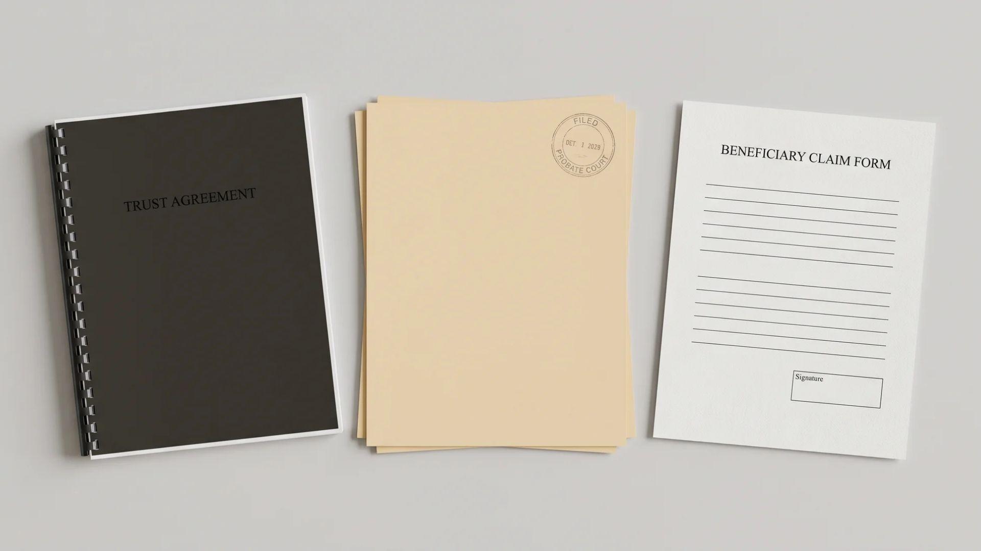 Trust agreement, probate filing, and beneficiary claim form laid side by side on a desk