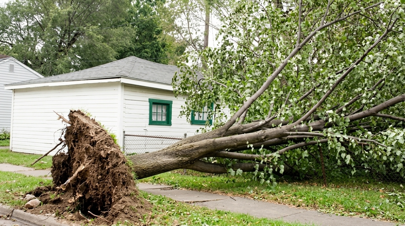 Uprooted tree fell across a yard and fence next to a small white house.